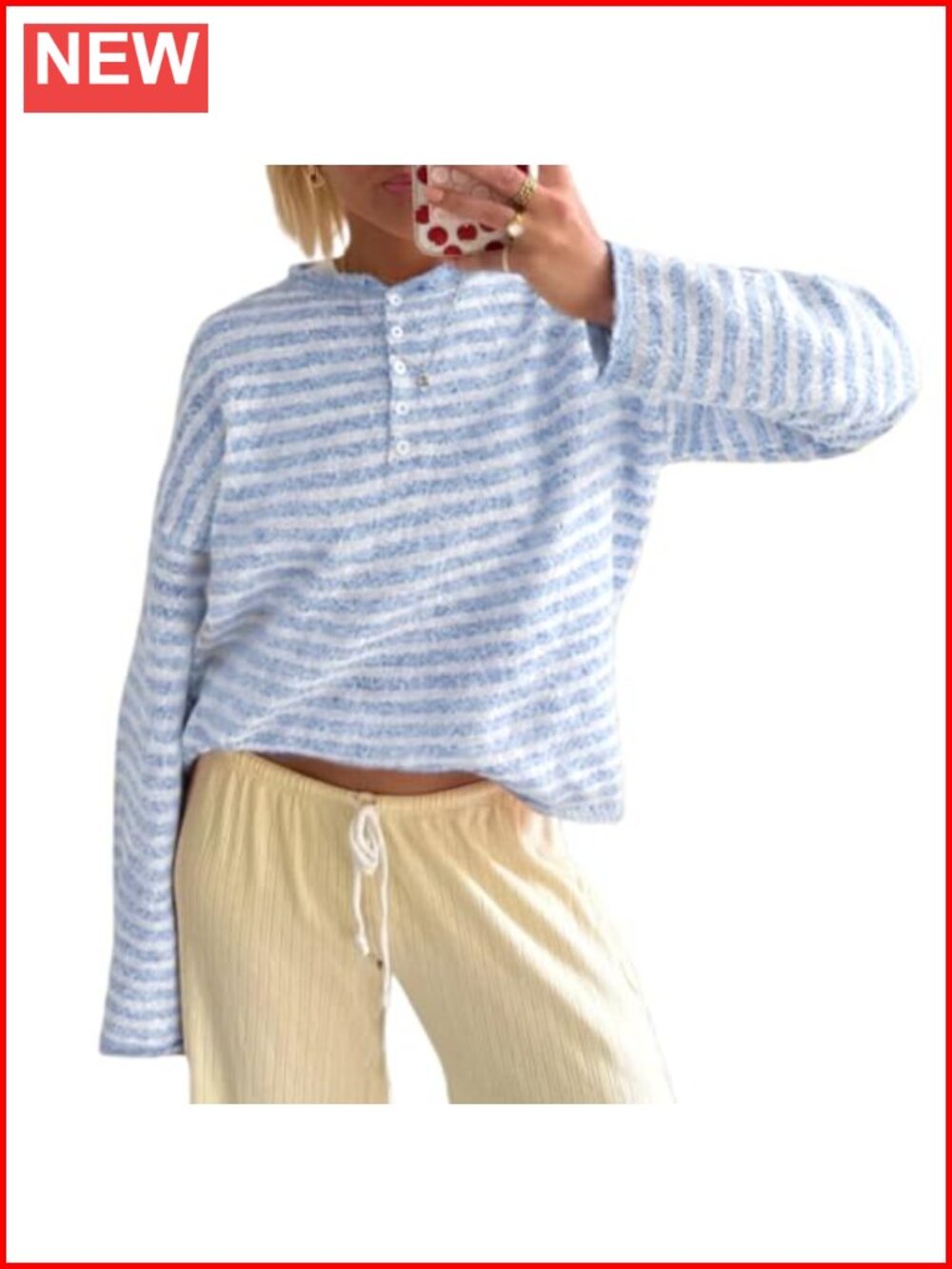 Striped Henley Sweater Long Sleeve Oversized Knit Pullover Top